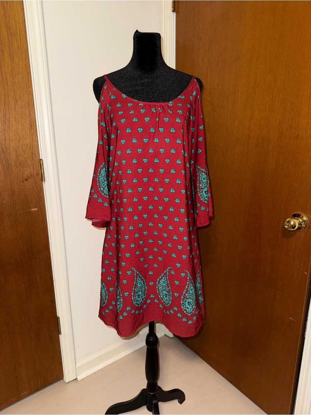 Red Paisley Cold-Shoulder Mini Dress with Teal Accents